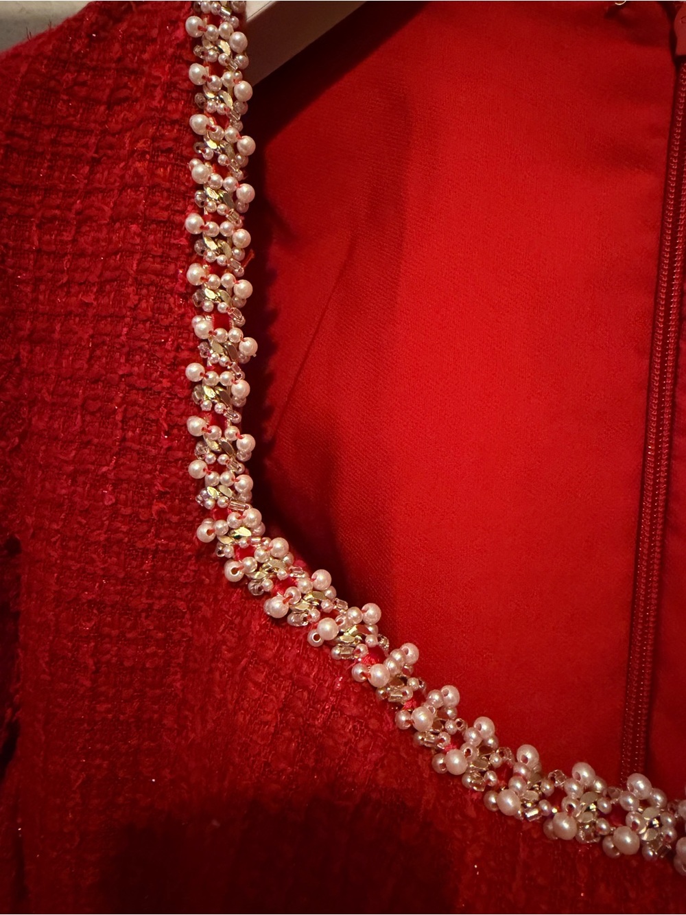 NADINE MERABI Red Tweed Pearl-Trim Long Sleeve Mini Dress - Picture 5 of 7